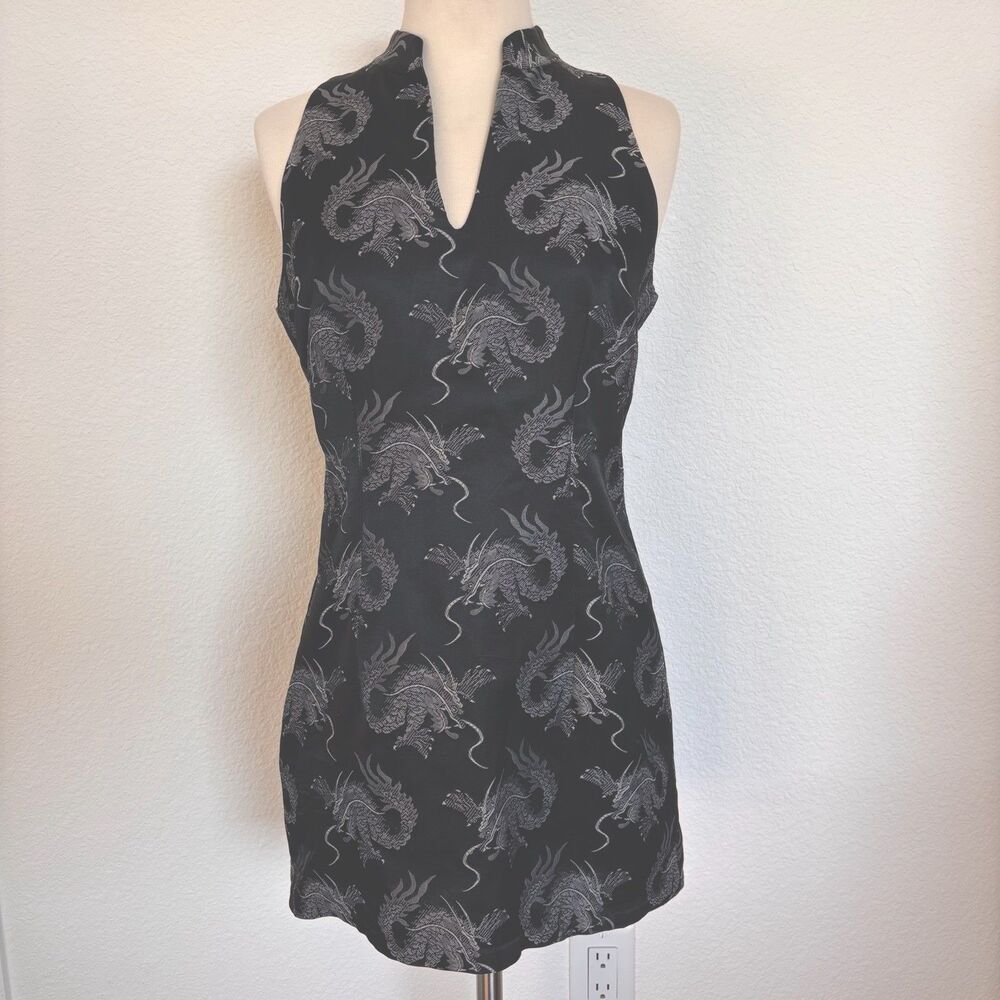 Vintage Catalyst Mini Dress 6 Black Dragon Print Fantasy Goth Asian Embroidered